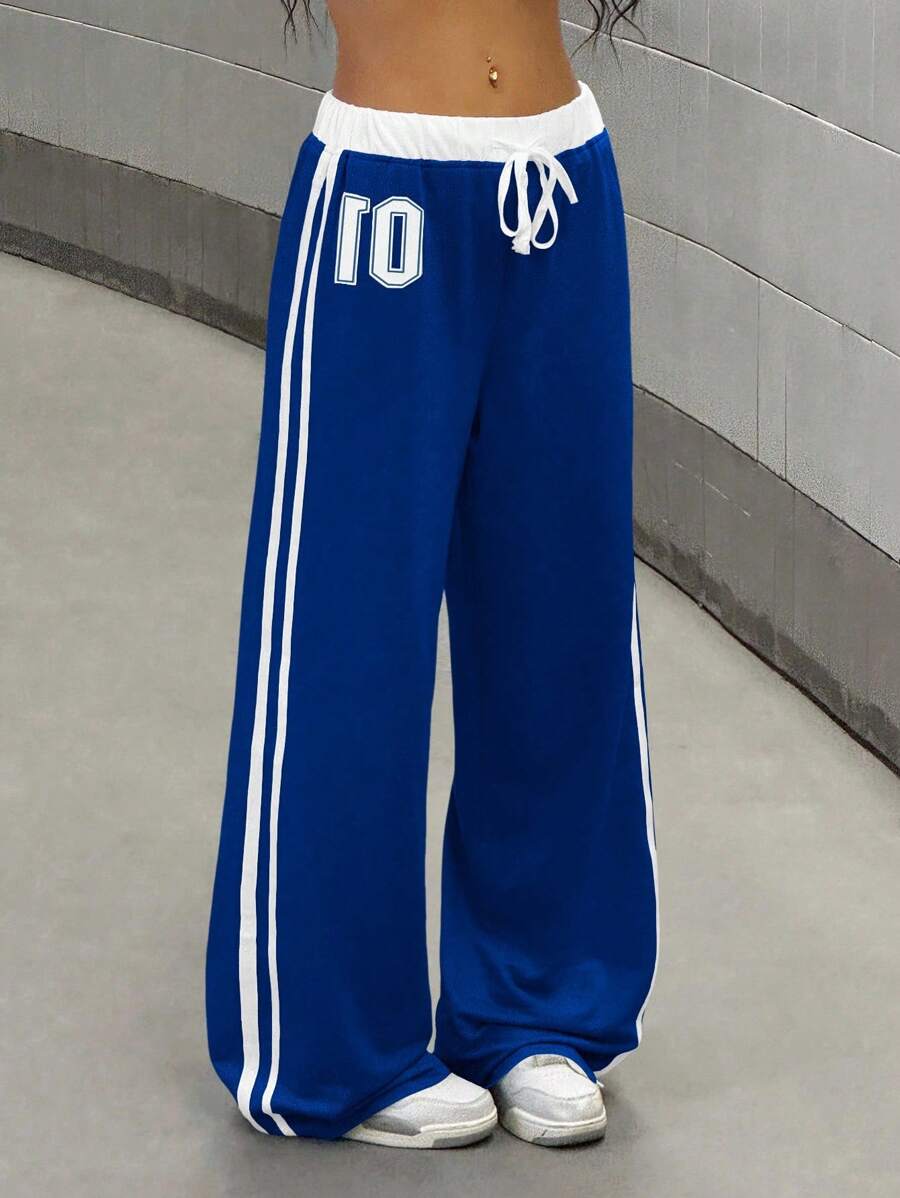 SHEIN Unity 女士数字印花腰部拼接休闲运动街头复古风宽松运动裤，春夏 - 寶藍色 - 查看 1