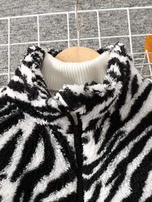 SHEIN 青少年女孩斑马条纹宽松蓬松拉链连帽衫，休闲 - 黑與白 - 查看 6