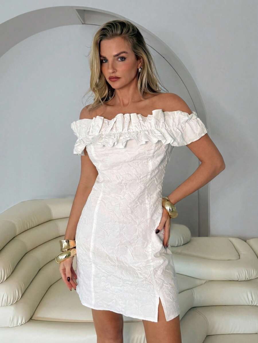 Roylia Ladies' Elegant Jacquard Fitted Cocktail Dress - White - View 1