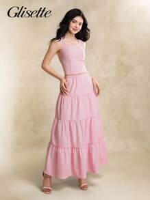 青少年（女孩）两件套服装，春夏休闲优雅，包括粉色无袖蝴蝶结吊带衫和粉色长裙