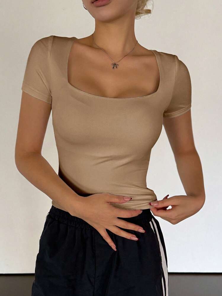 Women's Square Neck Short Sleeve Casual Tight Fitting Cropped T-Shirt, Sexy Summer Cute Tops