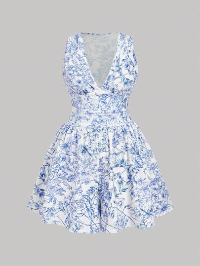 SHEIN MOD 大码女式蓝白花卉印花 V 领针织连体裤