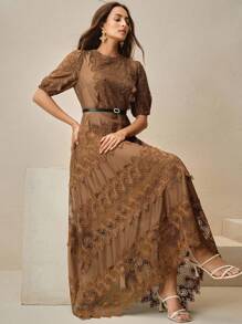 Vestido elegante de mujer Anewsta con cuello redondo y parche de encaje - Marrón - Ver 7