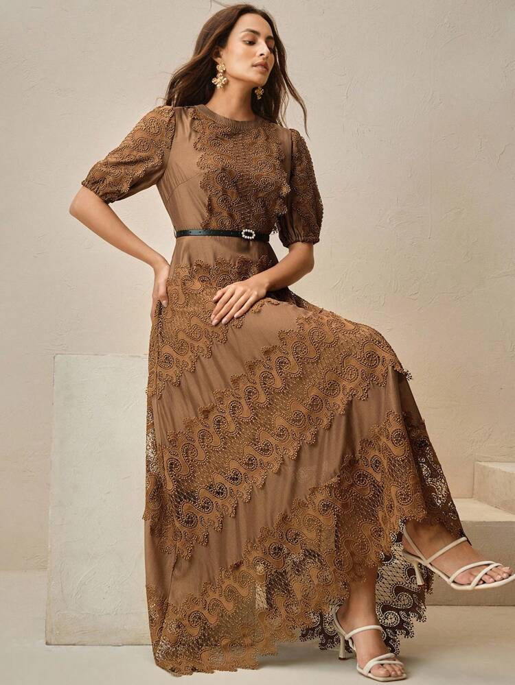 Anewsta Women Elegant Round Neck Lace Patchwork Dress