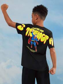 SUPERMAN X SHEIN Tween Boy Cool Back Superhero English Letter Print Black Slim Fit Spring/Summer Short Sleeve T-Shirt