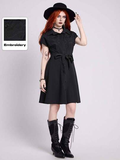 EDITION Gothic Style Snake Skin, Floral & Moon Embroidered Women's Dress
