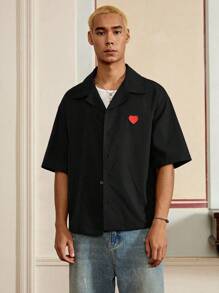 Manfinity VCAY Men's Summer Heart Embroidery Single-Breasted Casual Shirt