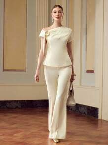 ZEYLAH Blouse élégante et ajustée avec décor floral 3D minimaliste de couleur unie pour femme