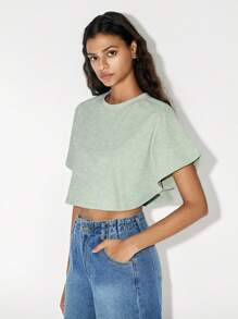 SHEIN LUNE Camiseta corta informal con mangas de murciélago sobredimensionadas y con corte desgastado - verde menta - Ver 4
