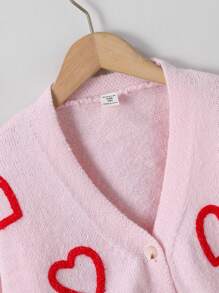 SHEIN Tween Girls' Pink Short Soft Cardigan, Heart Pattern, Suitable For Outdoor Wear, Autumn/Winter - Pink - View 5