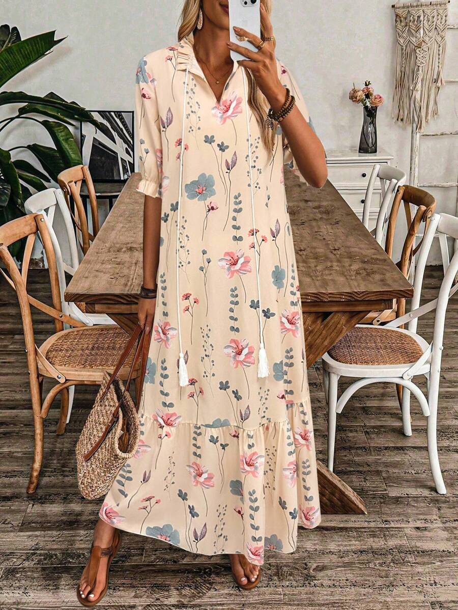 SHEIN LUNE V-Neck Printed Ruffled Hem Casual Vacation Midi Dress With Drawstring - Multicolor - View 1