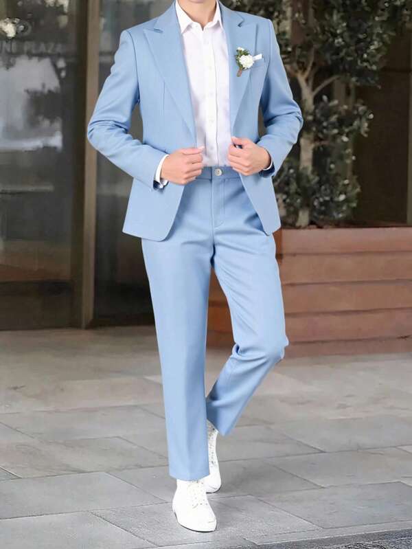 SHEIN 2 Stücke/Set Gentleman Outfit für Teenager Jungen, enthält schmal geschnittene hellblaue Blazer-Jacke mit zweifarbigem Revers und Anzughose, elegante und glamouröse Formalbekleidung, geeignet für Frühling/Sommer, Geburtstagsfeiern, Abendveranstaltungen, Auftritte, als Gastgeber, Hochzeitssaison, passend für Valentinstag, Geburtstag, Hochzeit, Abschluss, Hochzeitsgast, Pageboy, Ringträger