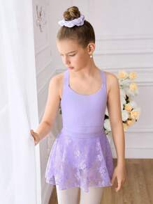 Tween Girls' 2Pcs Purple Ballet Leotard & Lace Skirt Set, Slim-Fit High Elasticity Fitness Outdoor Sports Dance Activewear