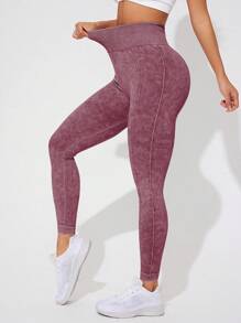 Easithlete Leggings de yoga para mujer de cintura alta elástica y ajustada, de color liso - Burdeos - Ver 3