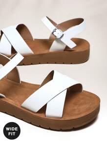 SHUZIA 宽版女式经典圆头可调节搭扣交叉带白色厚底凉鞋 - 记忆海绵，必备，防滑，舒适 - 白色 - 查看 4