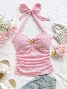 Soleia 女士度假花卉纹理针织 V 领花卉金属纽扣修身吊带背心，适合约会、下午茶、海滩、游轮、城市旅行、音乐节、派对、波西米亚风的休闲装 - 淺粉色 - 查看 1