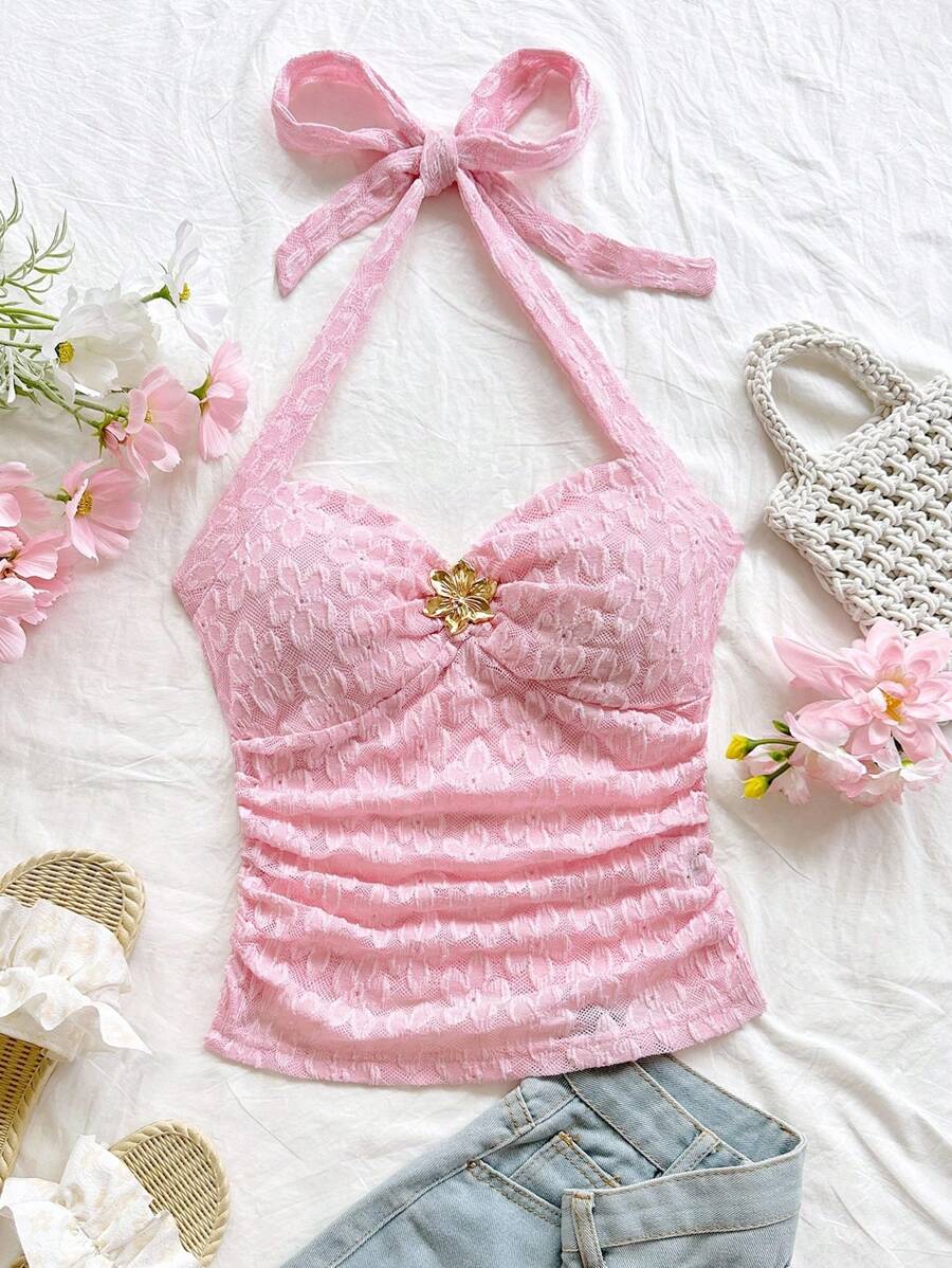 Soleia 女士度假花卉纹理针织 V 领花卉金属纽扣修身吊带背心，适合约会、下午茶、海滩、游轮、城市旅行、音乐节、派对、波西米亚风的休闲装 - 淺粉色 - 查看 1