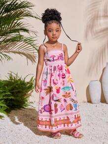 小女孩热带印花无袖连衣裙，夏季海滩度假兄弟姐妹装（2 件单独出售） - 粉色 - 查看 3