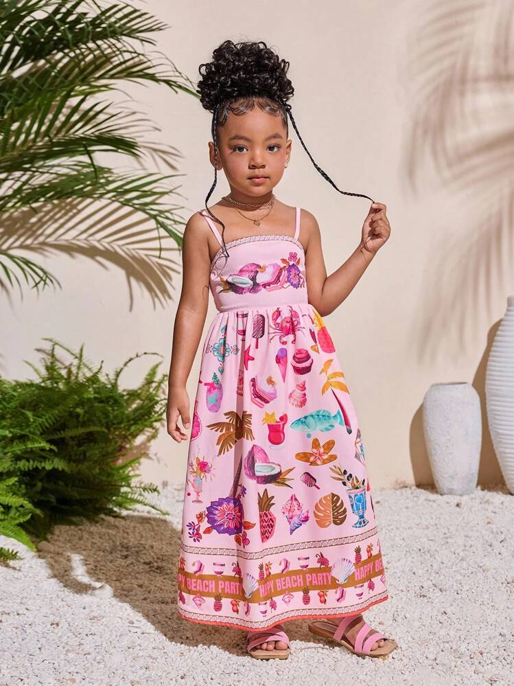 小女孩热带印花无袖连衣裙，夏季海滩度假兄弟姐妹装（2 件单独出售） - 粉色 - 查看 3