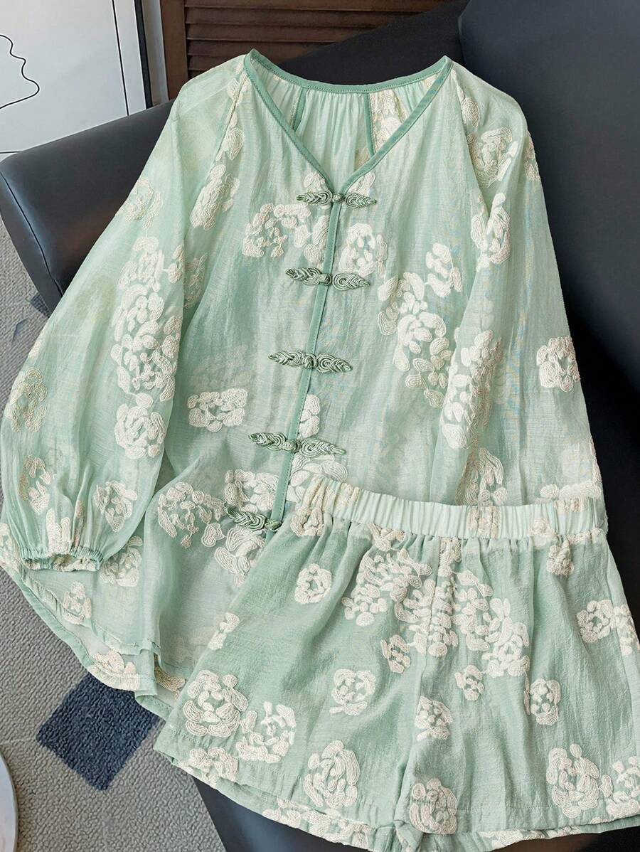 INAWLY 2 件套女士东方风格提花纽扣设计灯笼袖衬衫和短裤套装