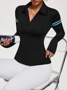 Easithlete Easithlete Camiseta polo deportiva de mujer de manga larga a rayas con media cremallera - Negro - Ver 5