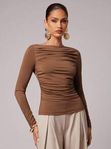 Silquee Women's Solid Color Boat Neck Dolman Sleeve Gathered Casual T-Shirt,Business Casual Top,Long Sleeve Top,Old Money Style Women,Fall Women Clothes,Back To School Clothes,Going Out Women,Going Out Outfits,Date Night Outfits Women