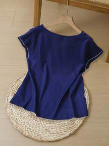 EMERY ROSE Camisa informal de mujer con cuello en V, manga corta y estampado, color azul