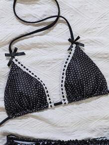 Swim Mod 2件組波點印花掛脖蝴蝶結荷葉邊下擺可愛女款比基尼泳衣套裝，適合夏季海灘度假 - 黑色 - 查看 5