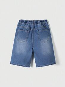 SHEIN 青少年男孩休闲牛仔短裤，松紧腰宽松复古洗水牛仔短裤，夏季街头风格