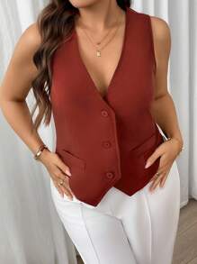 Firerie Plus Size Elegant Commuting High Street Mesh Luxury Occasion Sleeveless Blazer, Wear Alone Or As Outerwear, Rose Red Graduation,Back To School,Teacher Outfits For Women