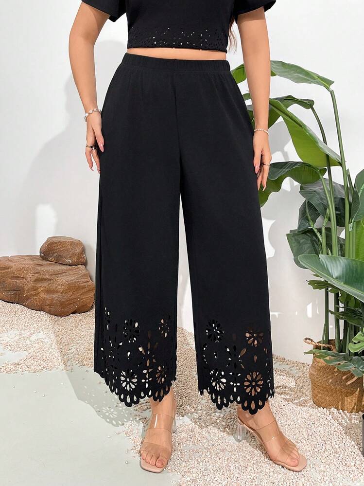 Firerie Falda para mujer de talla grande con estampado floral de silueta con cortes láser y cintura elástica para el día festivo - Negro - Añade 3