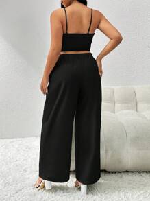 Firerie Bộ đồ ăn tối thanh lịch thường ngày cỡ lớn dành cho giáo viên, áo ba lỗ quấn ngắn và quần dài ống rộng, bộ hai mảnh - màu đen - Xem 2