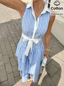 Siren Gaze Teacher Outfits For Women, Back To School Clothes, Business Casual Woman - Women's Fall Striped Sleeveless Casual Shirt Dress, Single - Breasted Ruffle Hem, Blue And White Striped, Tiered Design, Elegant Summer Dress For Dating & Commuting, 2025 New Arrival