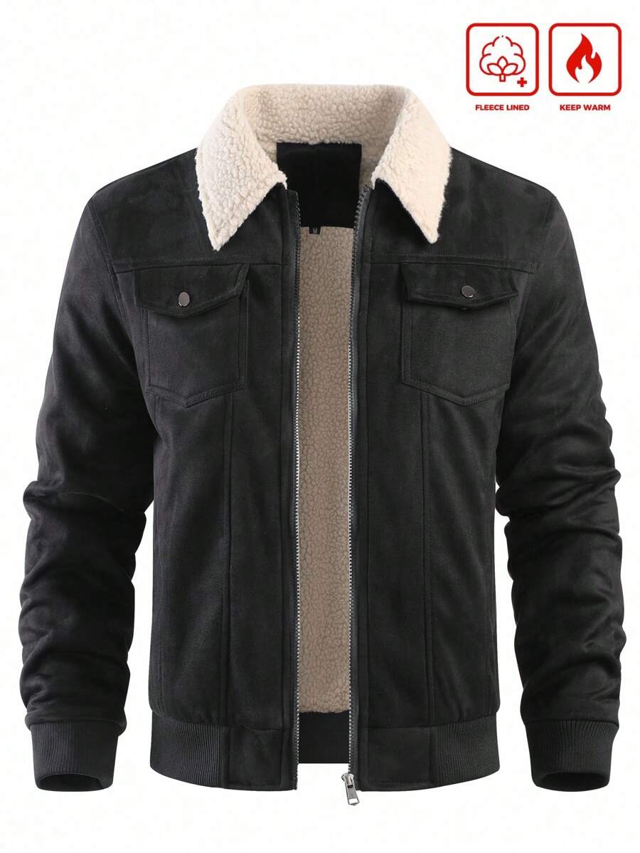 Manfinity Homme 男士长袖羊羔绒外套，泰迪领，男士冬季外套，黑色，秋季