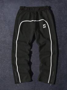 PantsHub 青少年男孩休闲撞色丝带饰边拉链门襟字母印花运动裤，舒适时尚，百搭柔软，适合春夏季、日常穿着、户外、学校、街头服饰、派对和休闲