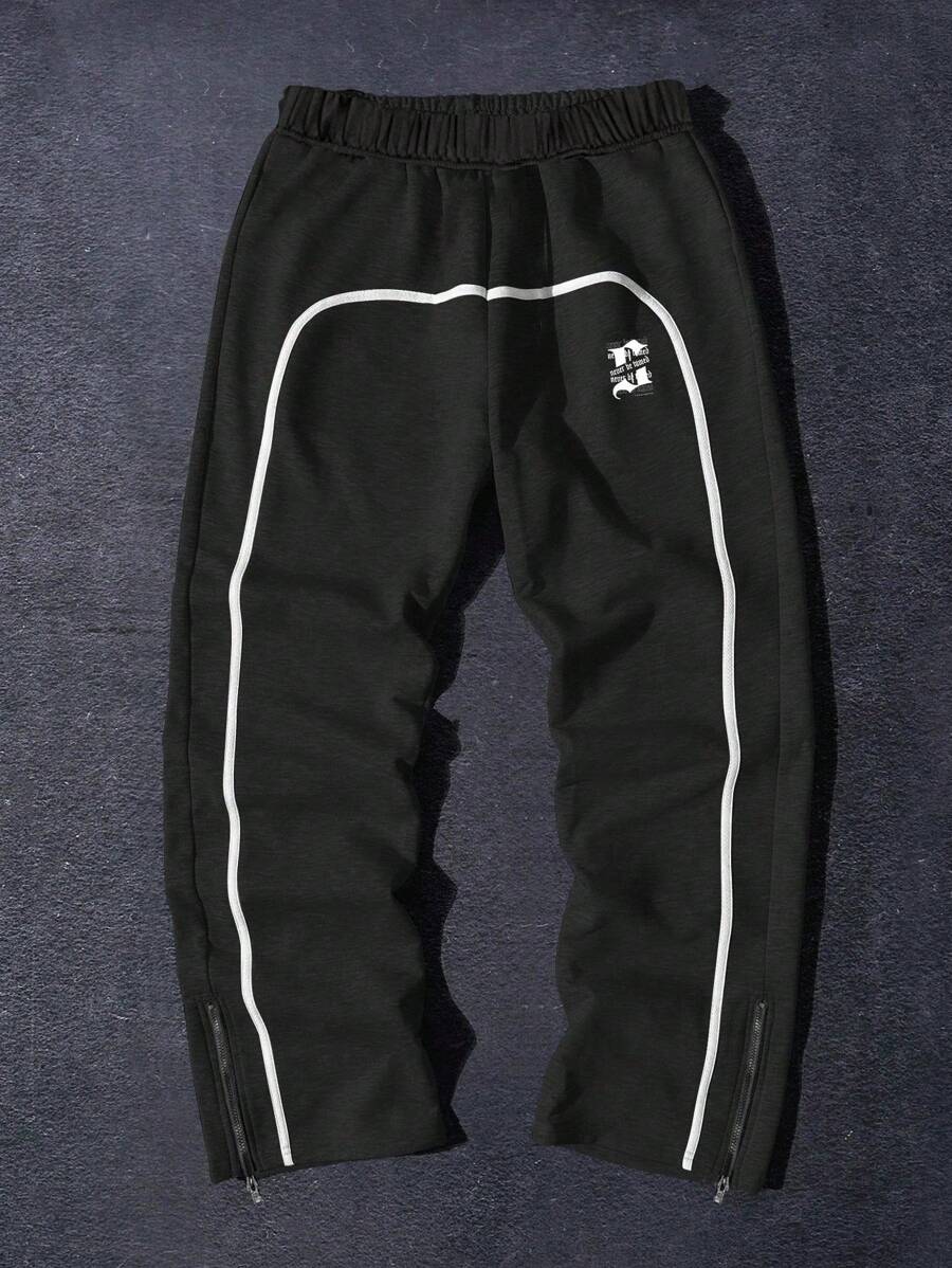 PantsHub 青少年男孩休闲撞色丝带饰边拉链门襟字母印花运动裤，舒适时尚，百搭柔软，适合春夏季、日常穿着、户外、学校、街头服饰、派对和休闲