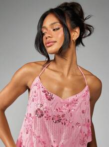 MISSGUIDED 缀饰多层迷你连衣裙，亮片花卉荷叶边露背设计，适合派对、婚礼、夏季节日等场合穿着 - 淺粉色 - 查看 6