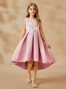 SHEIN Tween Girls Contrast Lace Sleeveless Elegant Ball Gown Dress, Pink Elegant Dress Girls