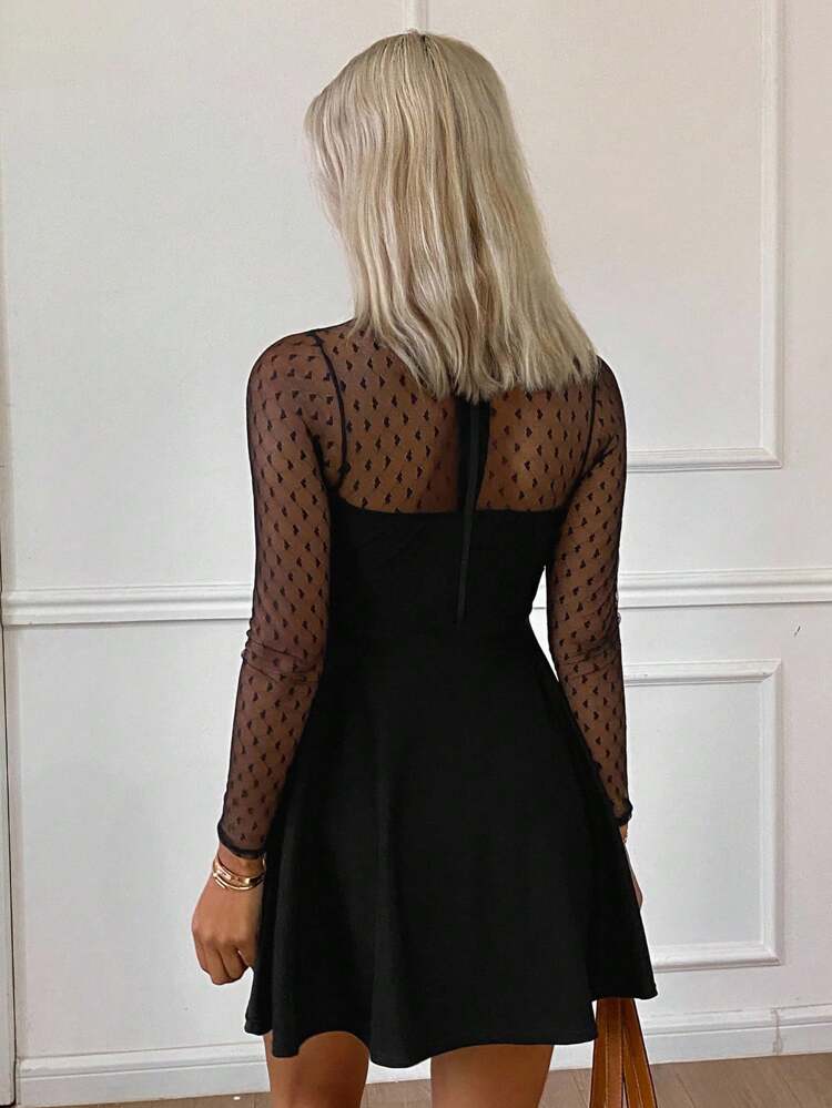 1pc Women Heart Mesh Patchwork Long Sleeve One-Piece Swimsuit Dress Vacation