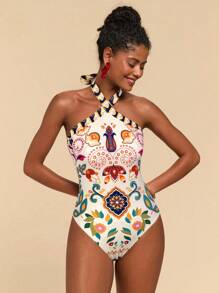 Travachic Traje de baño de una pieza con cuello halter y estampado floral para mujer