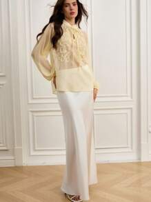 Revavyn Schimmernde Chiffon Stickerei Langarm Damenblusen - Gelb - Übersicht 4