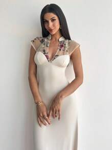Firerie Robe longue évasée élégante et raffinée, romantique, mode, pour rendez-vous, soirée, vacances, 2 en 1, broderie, maille transparente, col V, taille haute, ourlet parapluie, abricot, robe de graduation - Nude - Voir 5