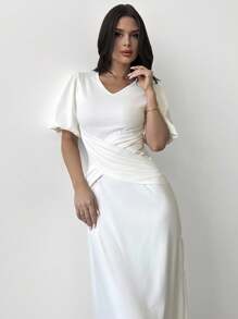 Firerie Damen elegantes, romantisches Qualitätskleid mit V-Ausschnitt, Puffärmeln, Taille mit Raffung und A-Linie Rock, für Cocktailparty, Urlaub und täglich, weiß