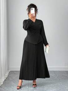 Elenzga Plus Size Women Spring/Autumn 2pcs Set: Simple Solid Color Lapel Collar Ruched Waist Blouse & Pleated Skirt - Black - View 5