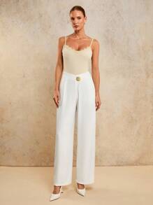 COSMINA Women's High Waist Solid Color Loose Straight Leg Pants With Metal Buckle Decor White Pants,Fall Clothes - White - View 3