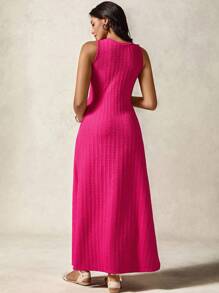 Boho Mama 孕妇时尚纯色高开叉无袖连衣裙，夏季 - 玫紅色 - 查看 2