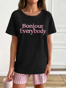 EURMUSE Cotton 2pcs Women Line Print Short And Slogan Print Top Homewear Pajama Set - Black - View 5