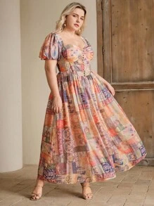 Anewsta 度假风印花带胸垫长袖A字中长连衣裙