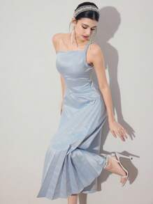 Modelyn Elegant Pleated Twist Shoulder Strap Dress For Women - Blue - View 3