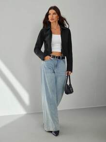 SHEIN Tall Washed Distressed Denim Jacket Cool Street Style Casual In Fall/Winter - Black - View 3
